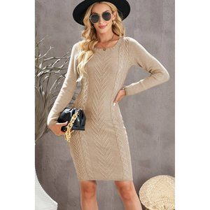 Khaki Women's Winter Casual Long Sleeve Solid Color Bodycon Warm Crewneck Knitte